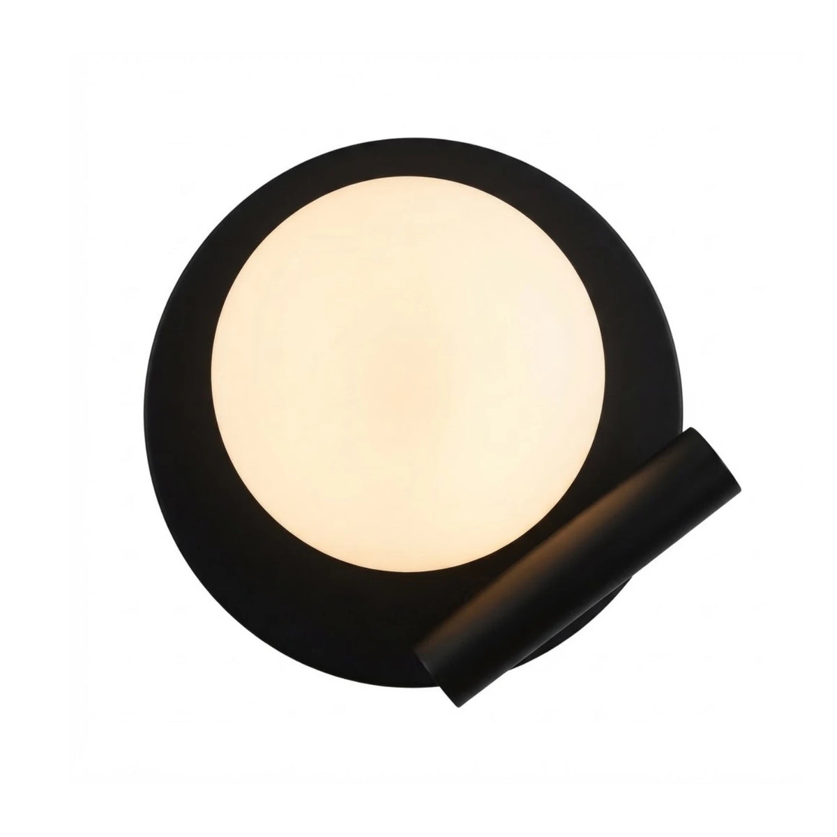 Modern Black Disc Base and Adjustable Spot Wall Sconce with Spherical Glass Shade and Warm Light on Pure White Background