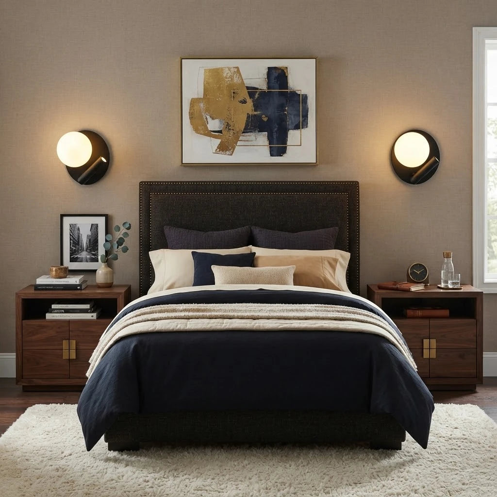Modern Black Disc Base Wall Sconce in Luxury Master Bedroom