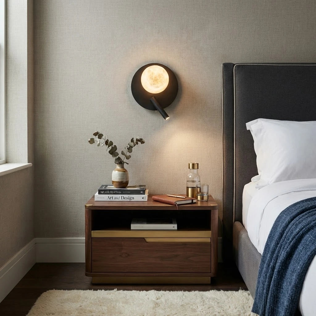 Modern Black Disc Base Wall Sconce in Cozy Bedroom Interior