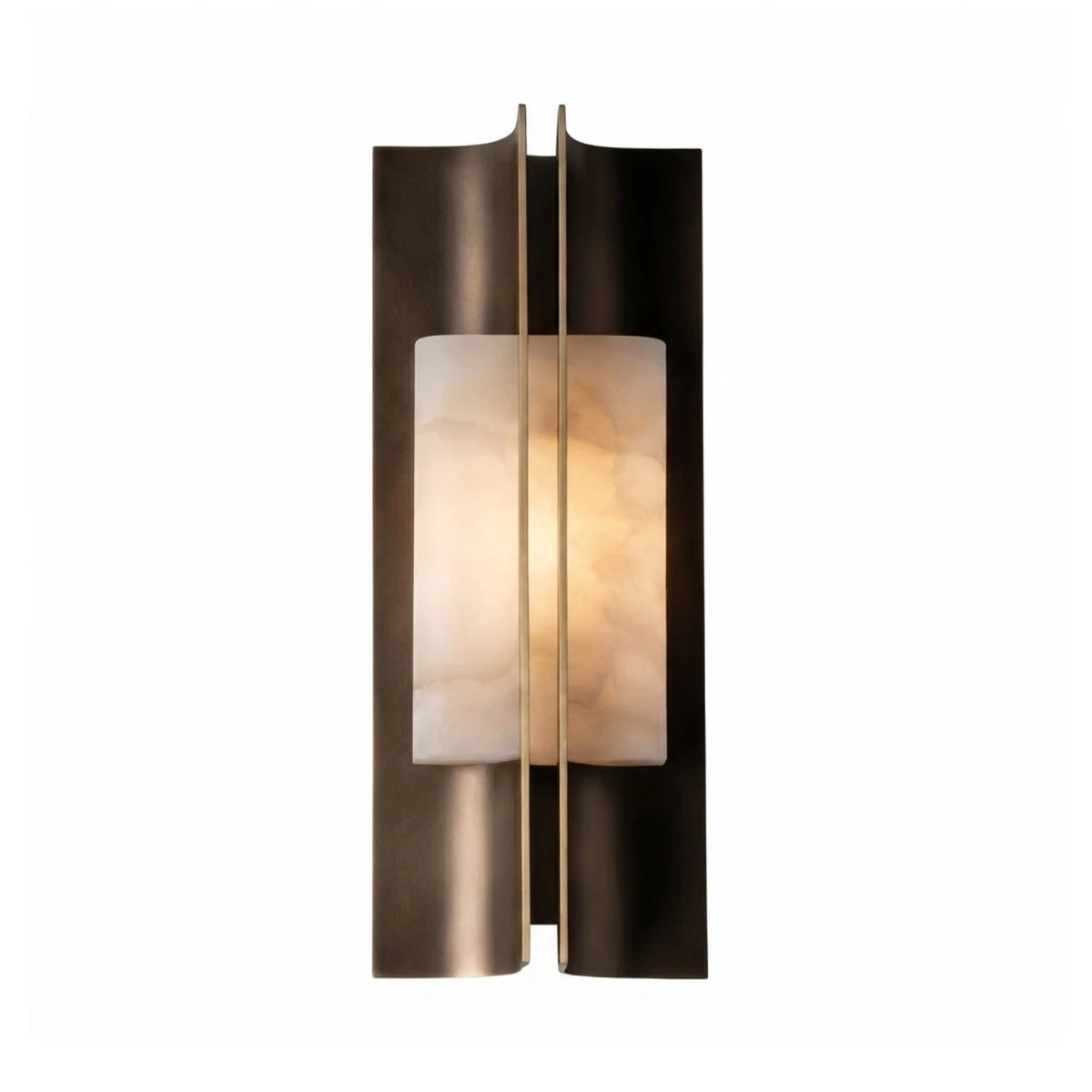 Modern Dark Winged Base and Alabaster Cylinder Wall Sconce with Warm Light on Pure White Background
