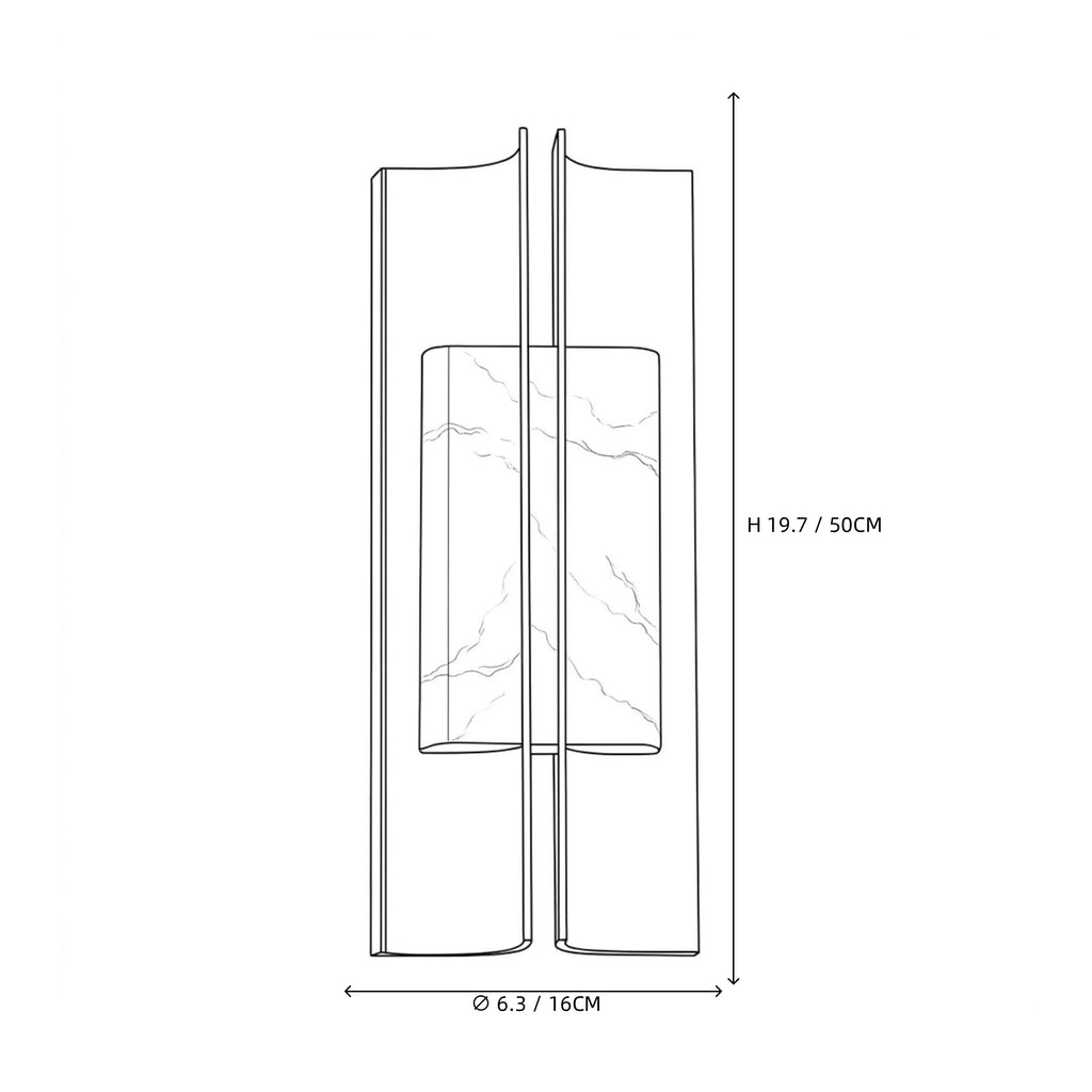 Modern Dark Winged Base and Alabaster Cylinder Wall Sconce Line Art Dimension Diagram