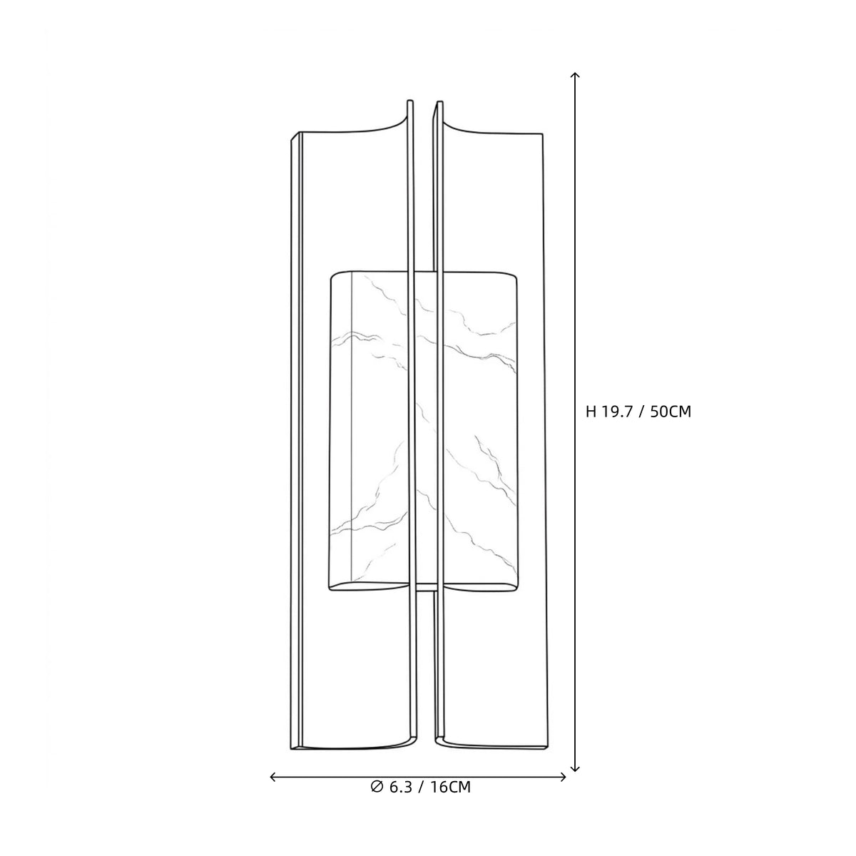 Modern Dark Winged Base and Alabaster Cylinder Wall Sconce Line Art Dimension Diagram