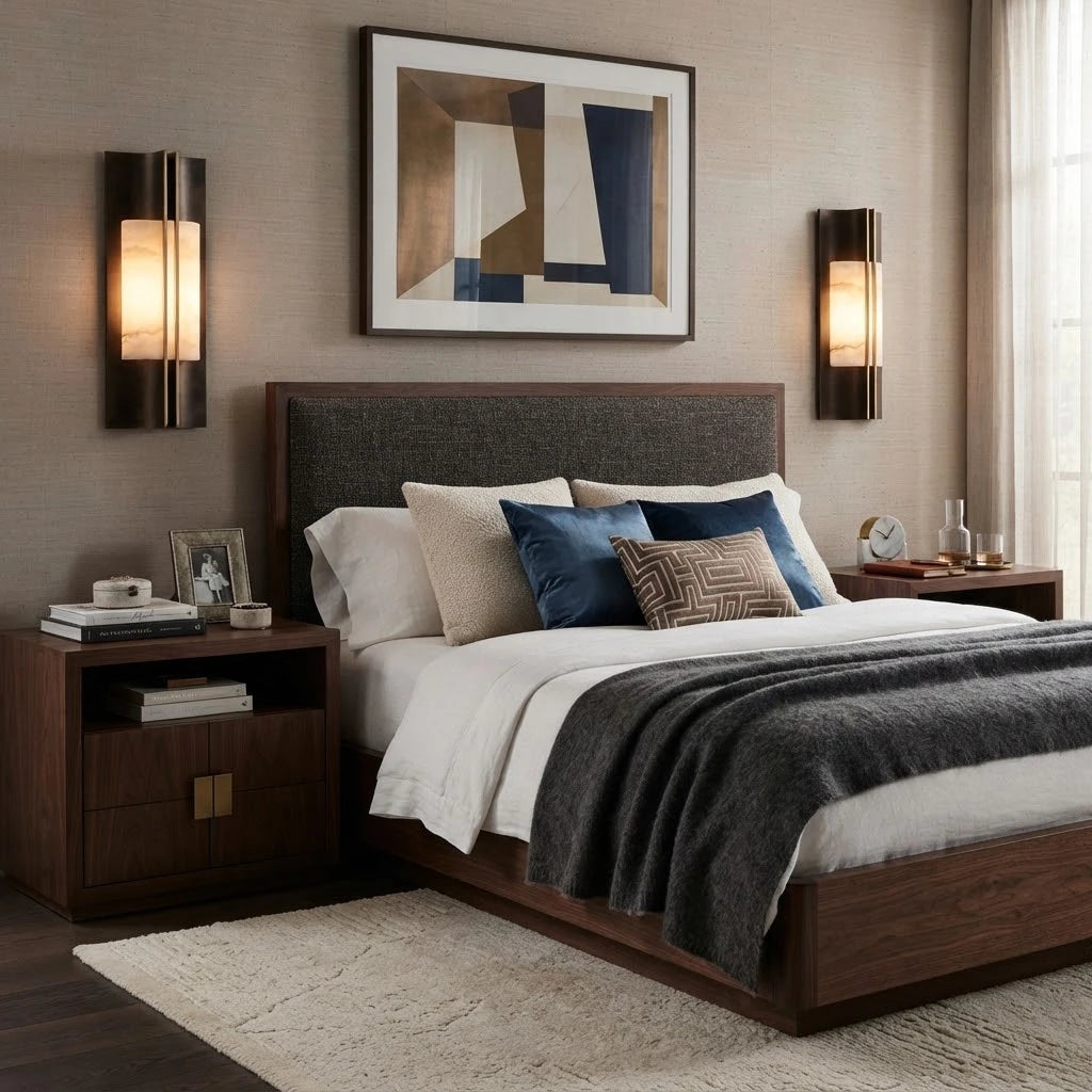 Modern Alabaster Cylinder Wall Sconce in Cozy Master Bedroom Setting