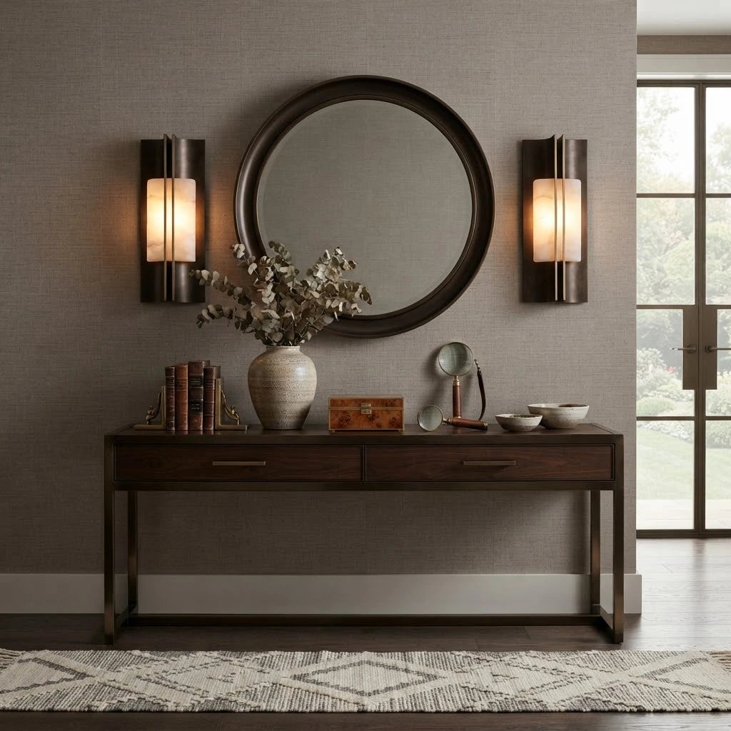 Modern Alabaster Cylinder Wall Sconce in Luxury Entryway Foyer