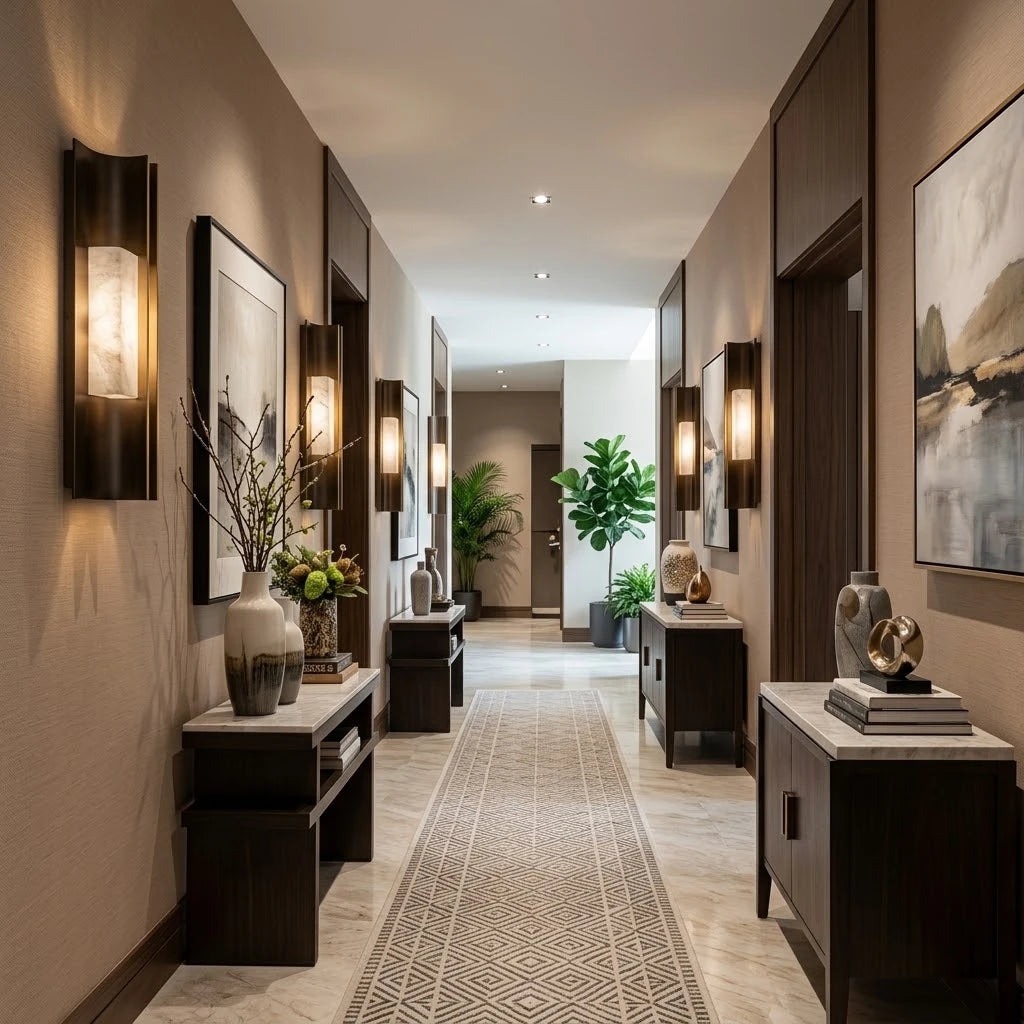 Modern Alabaster Cylinder Wall Sconce in Elegant Hallway Corridor