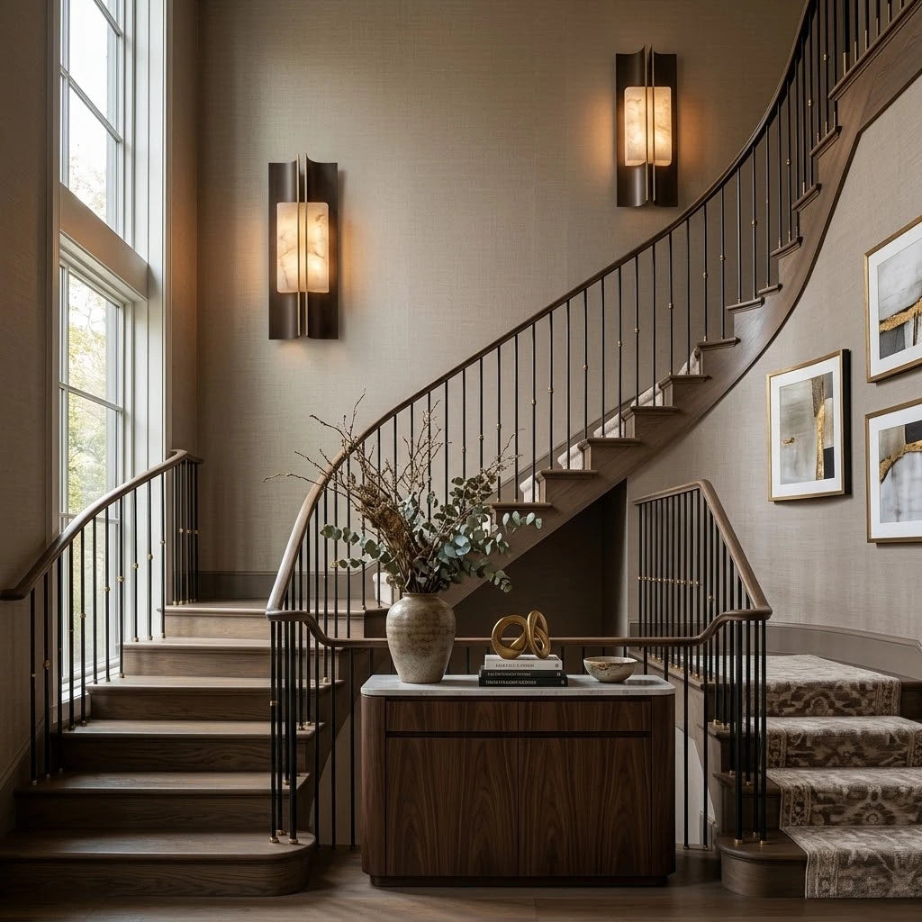 Modern Dark Winged Base Wall Sconce in Grand Staircase Area
