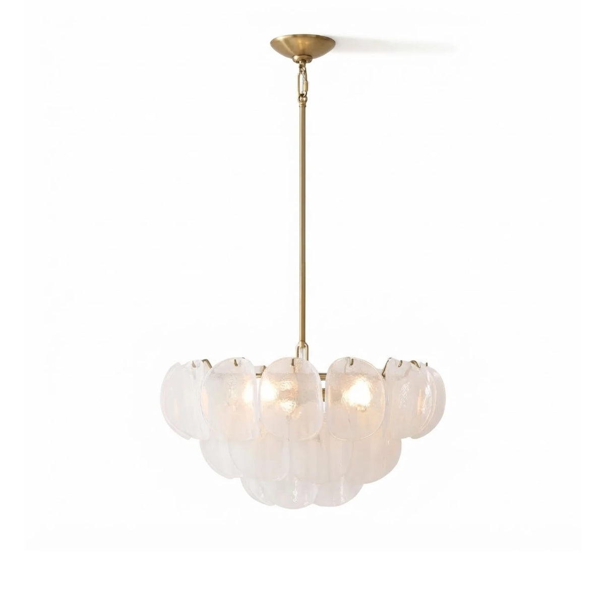 Modern White Disc Art Glass Chandelier with Brass Canopy on Pure White Background