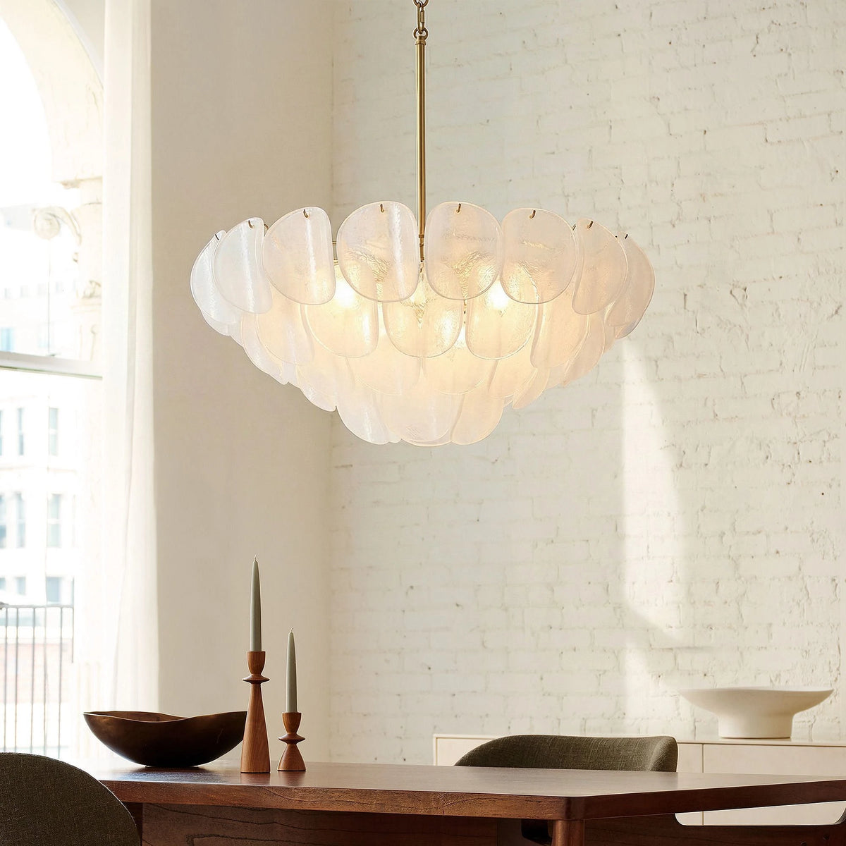 Modern White Disc Art Glass Chandelier in Formal Dining Room