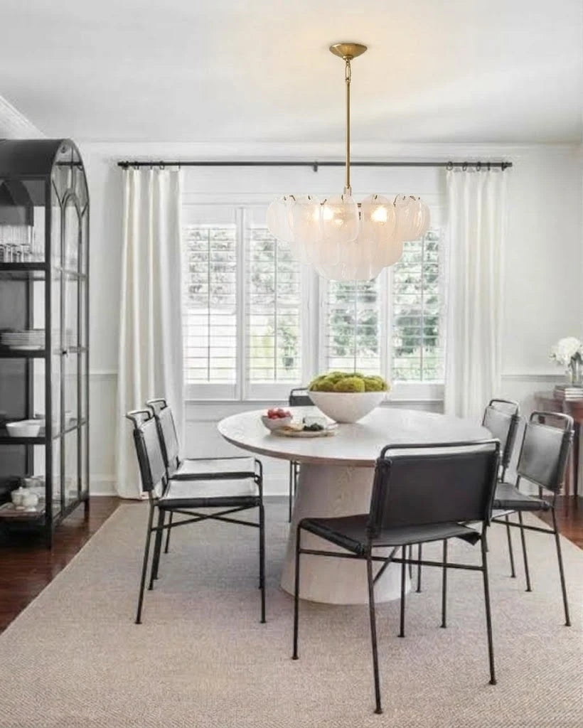 Modern White Disc Art Glass Chandelier in Bright Dining Area