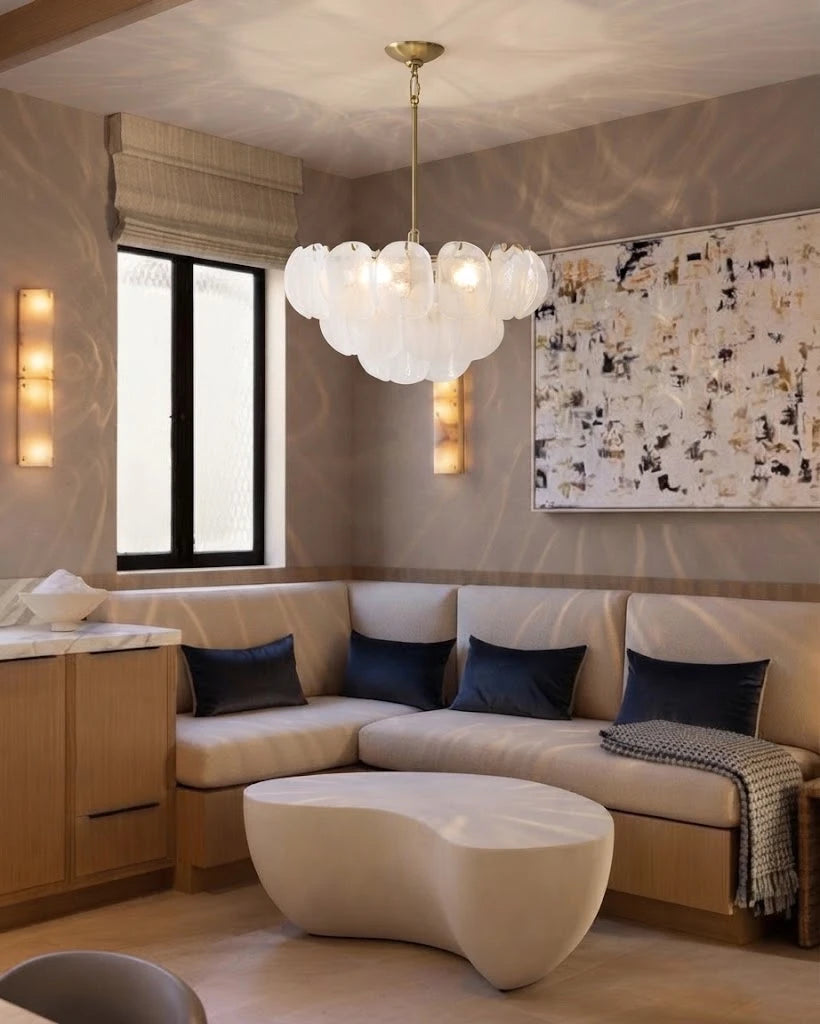 Modern White Disc Chandelier in Contemporary Living Room