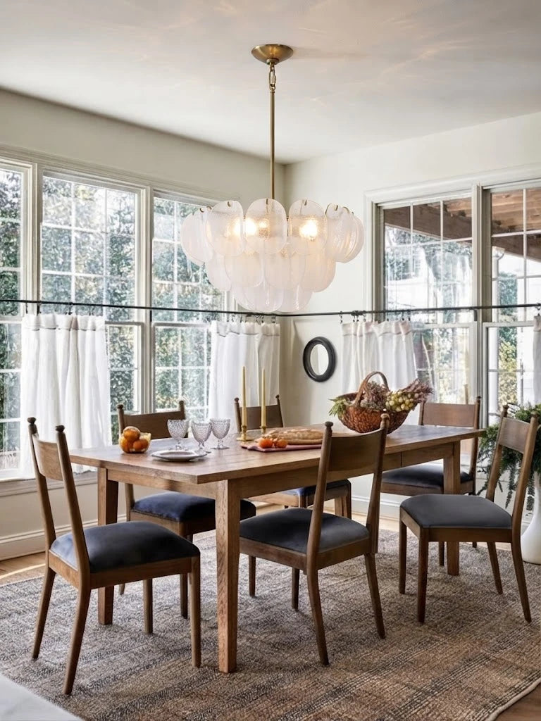 Modern White Disc Art Glass Chandelier in Cozy Dining Room