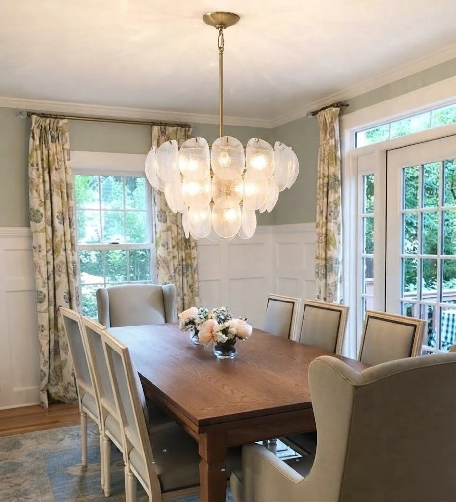 Modern White Disc Art Glass Chandelier in Luxury Dining Setting