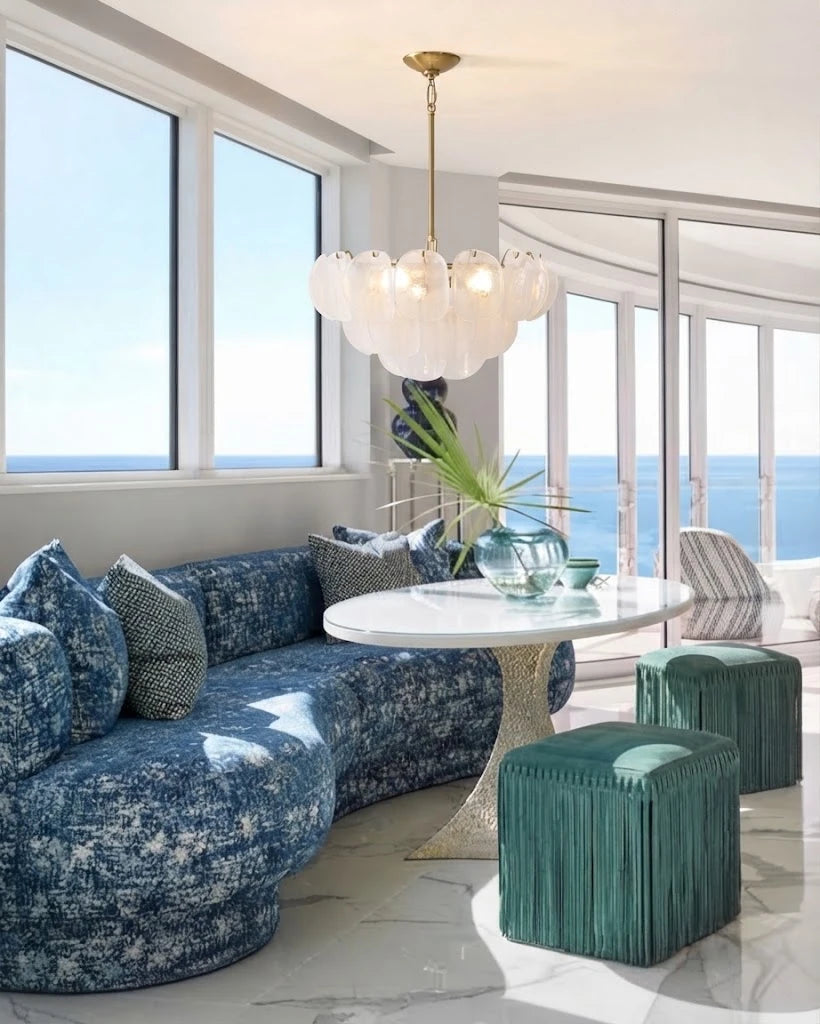 Modern White Disc Art Glass Chandelier in Coastal Living Space