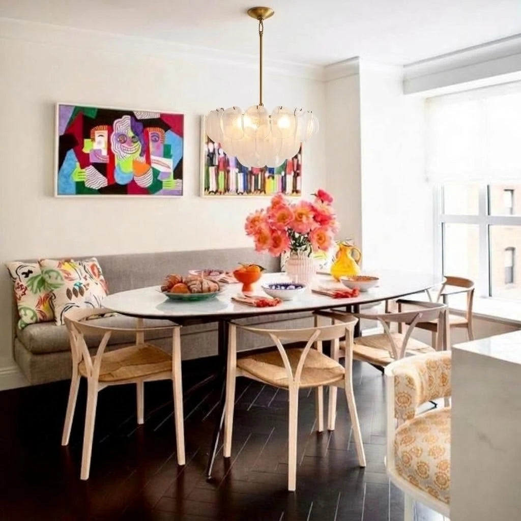 Modern White Disc Chandelier in Stylish Dining Nook