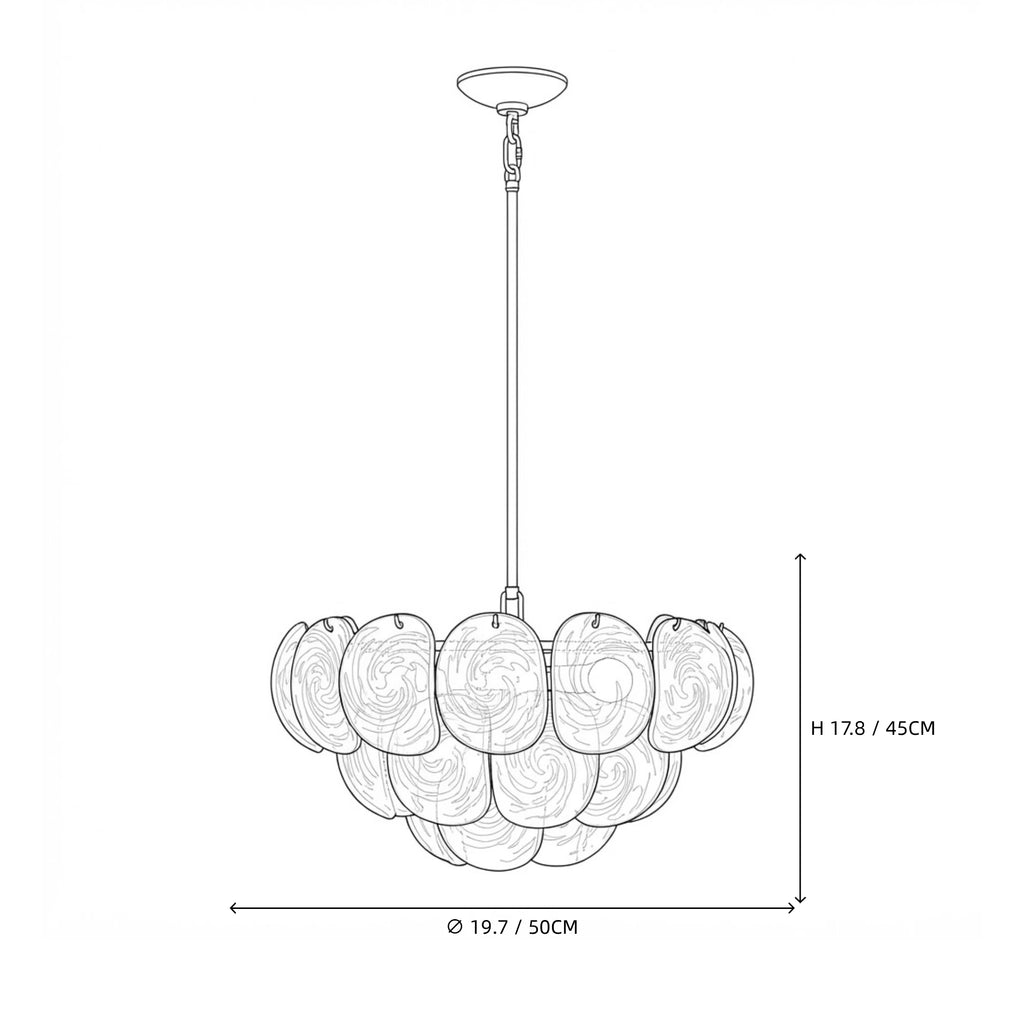 Modern White Disc Art Glass Chandelier Line Art Dimension Diagram