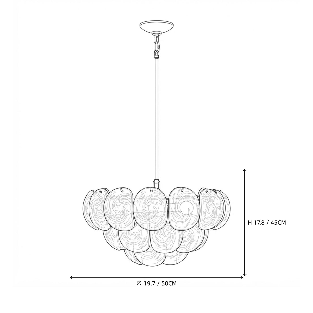 Modern White Disc Art Glass Chandelier Line Art Dimension Diagram