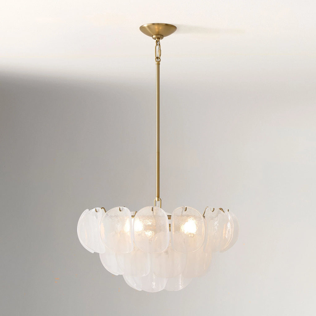 Illuminated Modern White Disc Art Glass Chandelier Studio Shot