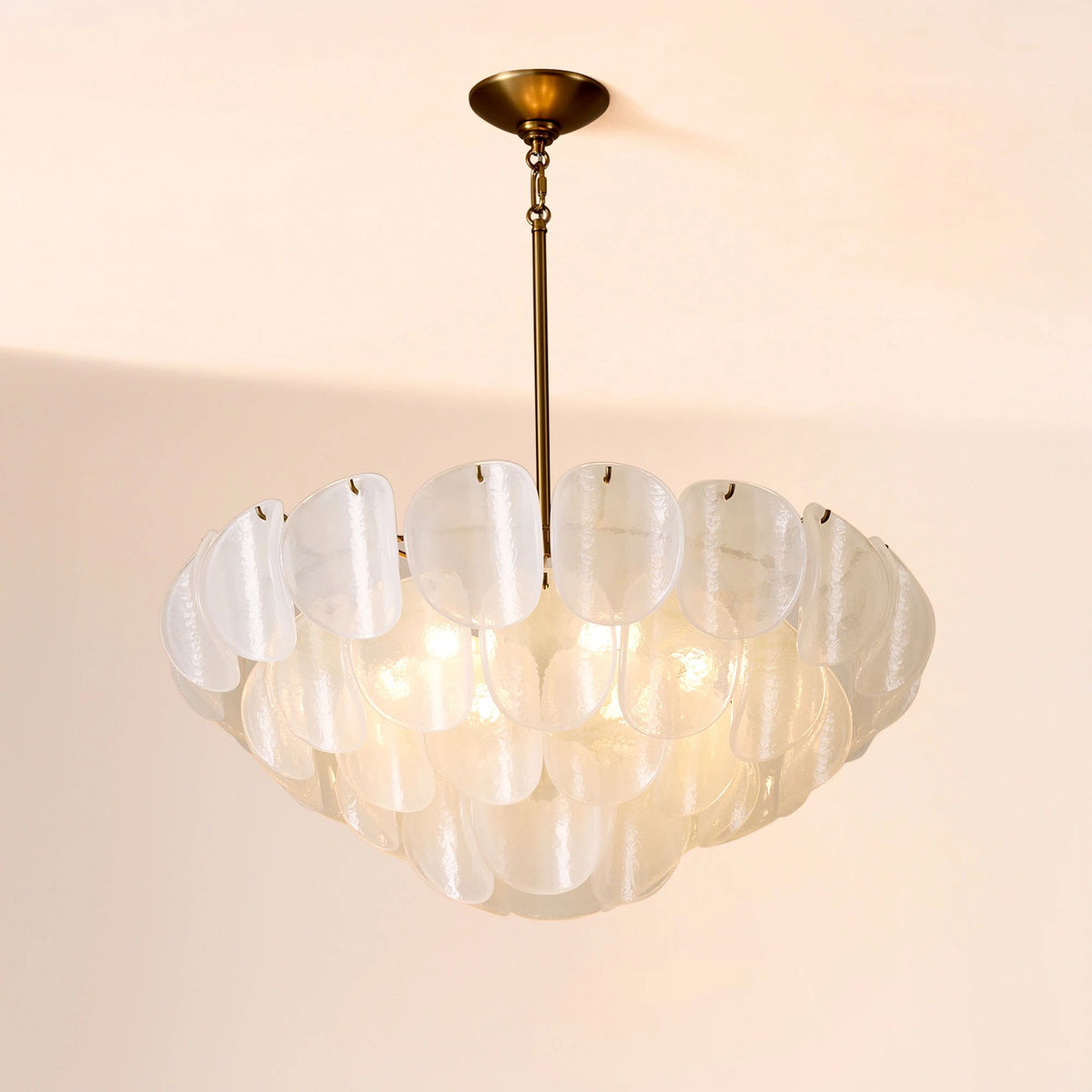 Illuminated Modern Multi-Tier White Disc Chandelier Studio Display
