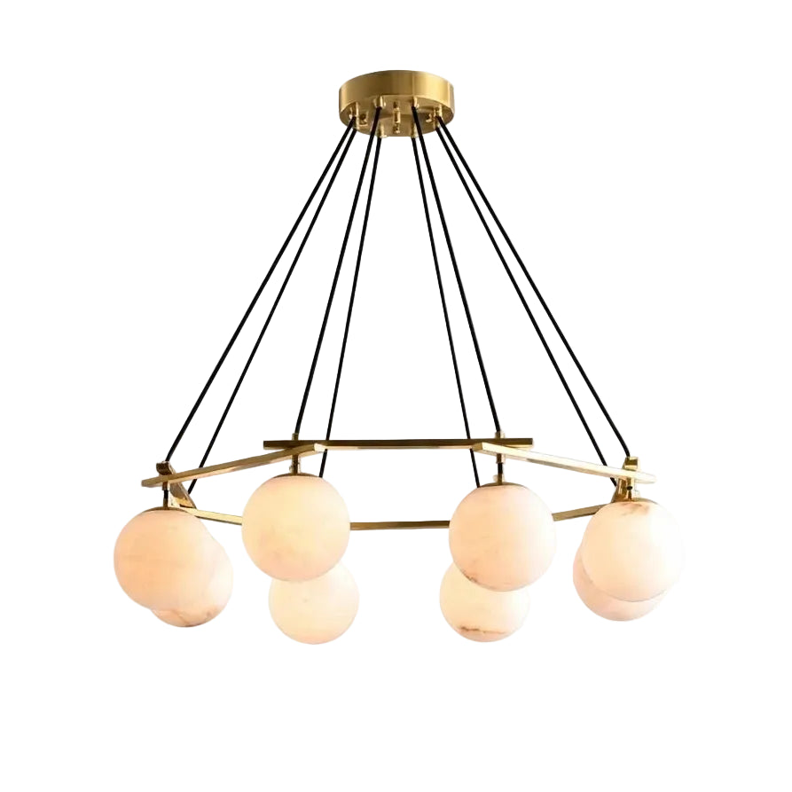 Modern Brass Ring and Multi-Sphere Alabaster Chandelier with Warm Light on Pure White Background