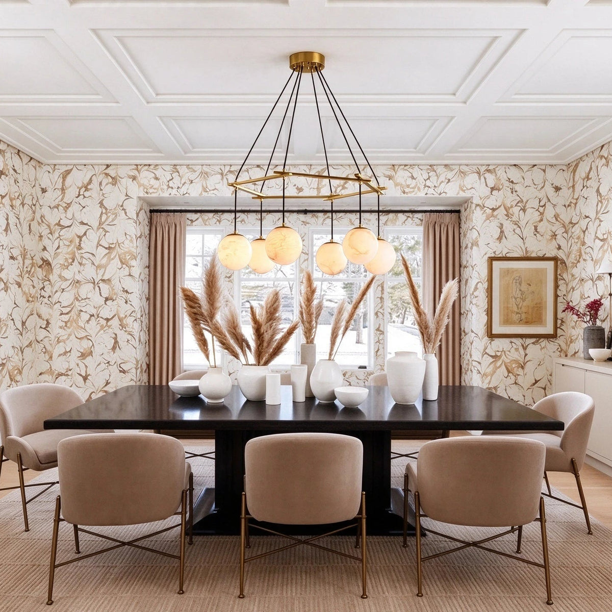 Modern Alabaster Sphere Chandelier in Formal Dining Room