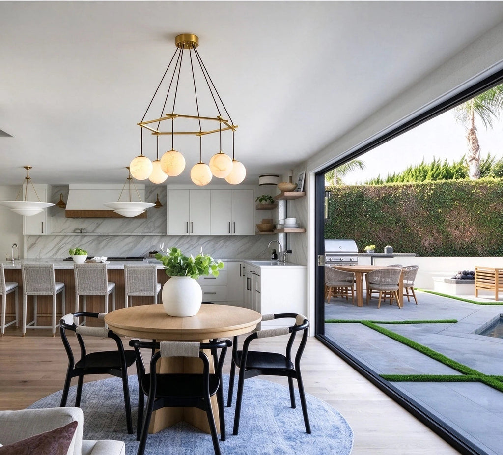 Modern Brass Ring Chandelier in Bright Dining Area