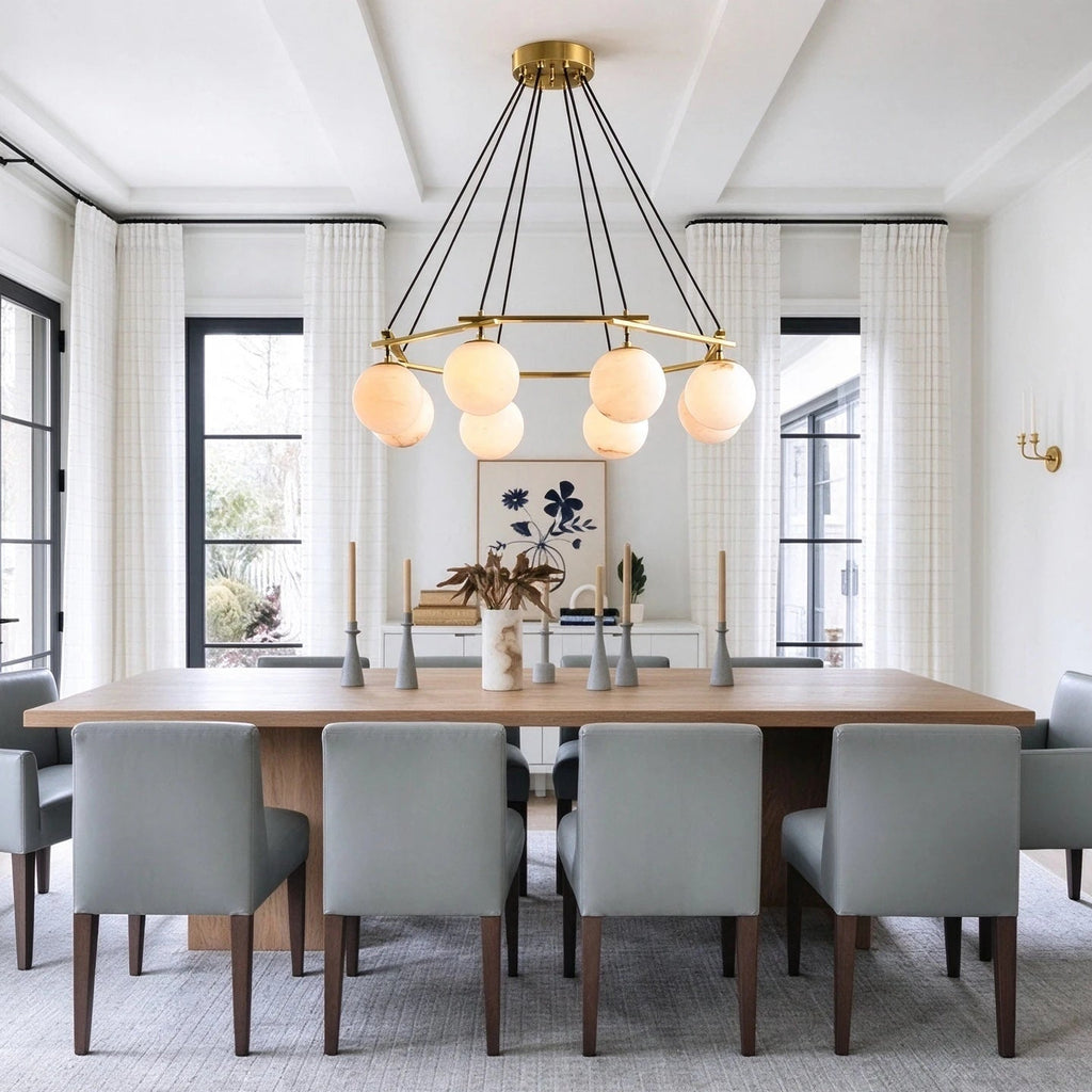 Modern Alabaster Sphere Chandelier in Classic Dining Room Setting