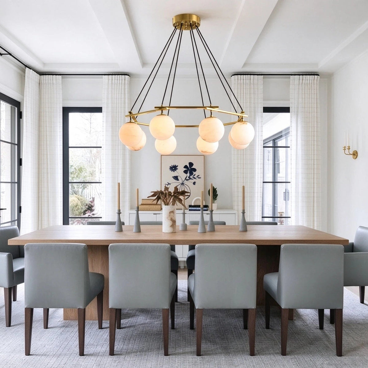 Modern Alabaster Sphere Chandelier in Classic Dining Room Setting