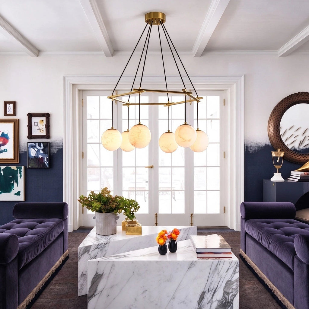 Modern Alabaster Sphere Chandelier in Luxury Living Room Decor