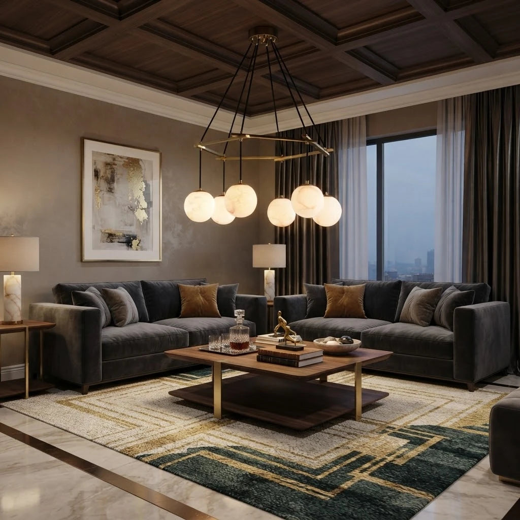 Modern Alabaster Sphere Chandelier in Sophisticated Living Room Setting