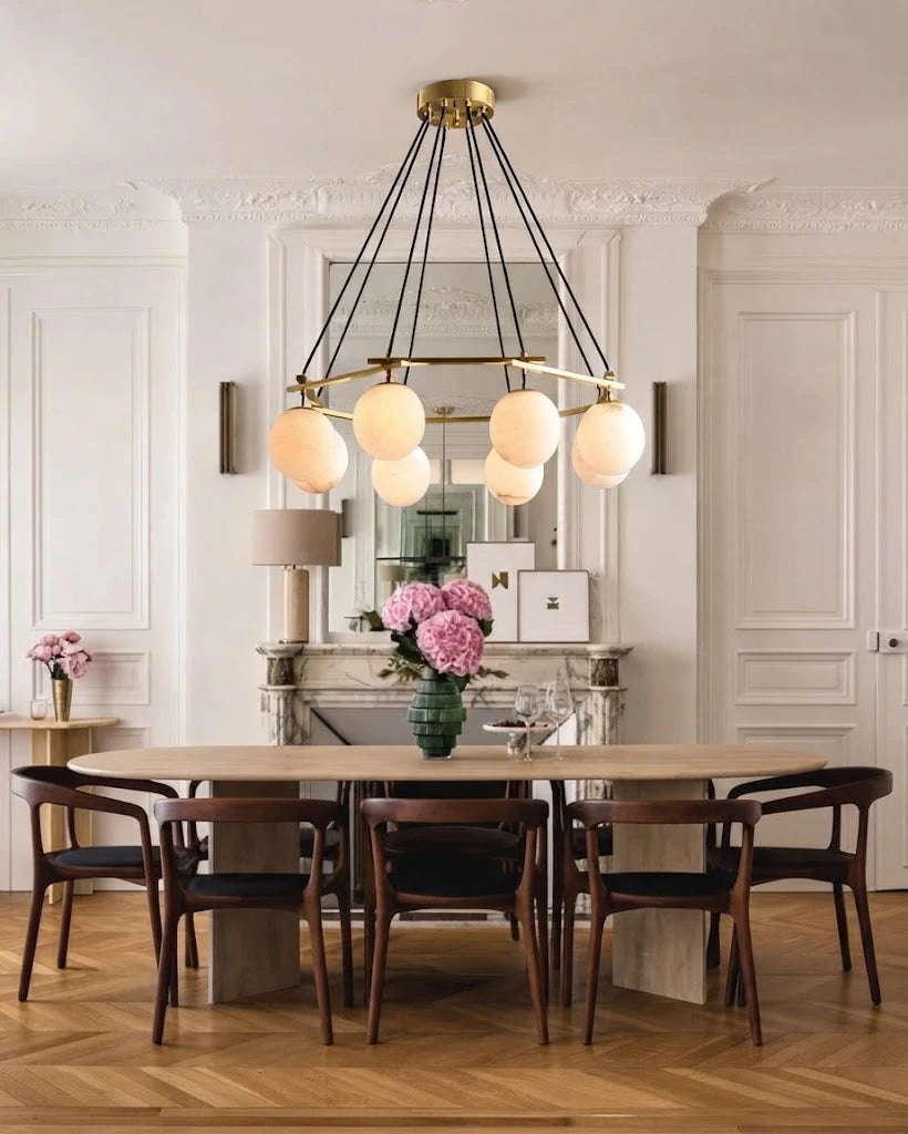 Modern Alabaster Sphere Chandelier in Elegant Dining Interior