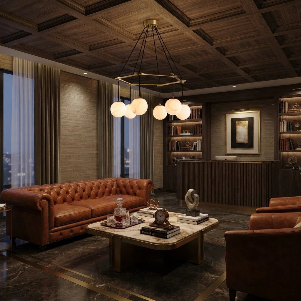 Modern Alabaster Sphere Chandelier in Grand Living Area