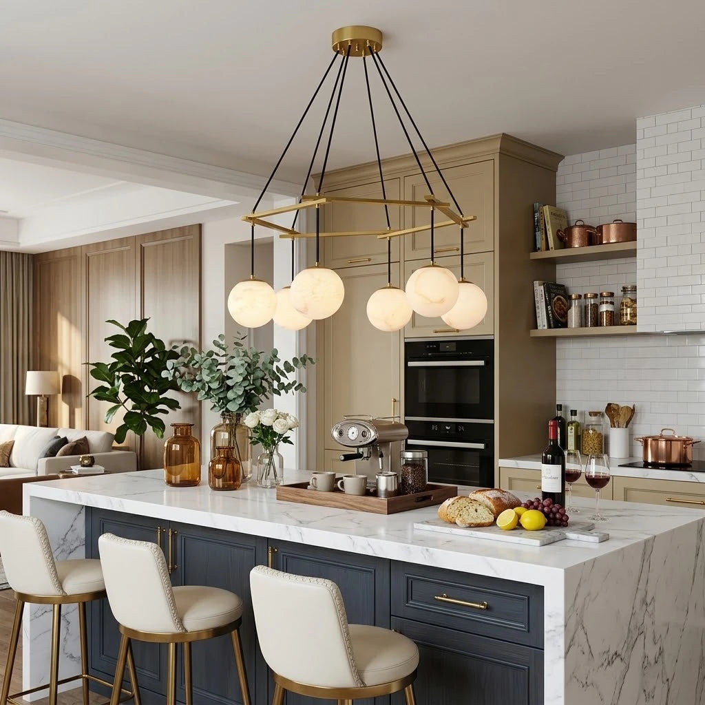 Modern Brass Ring Chandelier in Contemporary Kitchen Dining Space