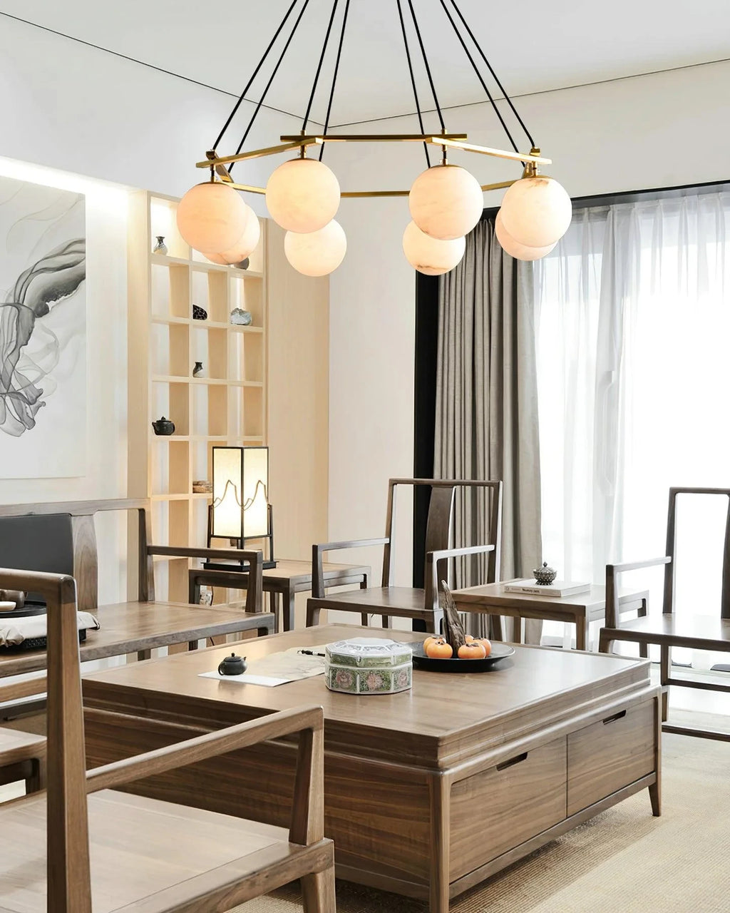 Modern Alabaster Sphere Chandelier in Designer Living Room