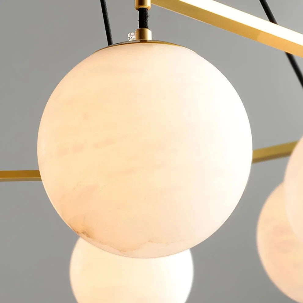 Modern Brass Ring and Multi-Sphere Chandelier Line Art Dimension Diagram Version One