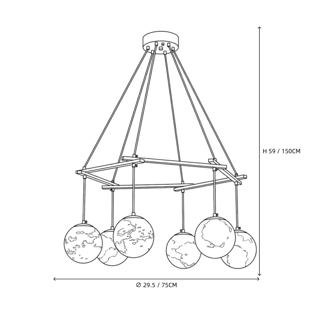 Modern Brass Ring and Multi-Sphere Chandelier Line Art Dimension Diagram Version Two