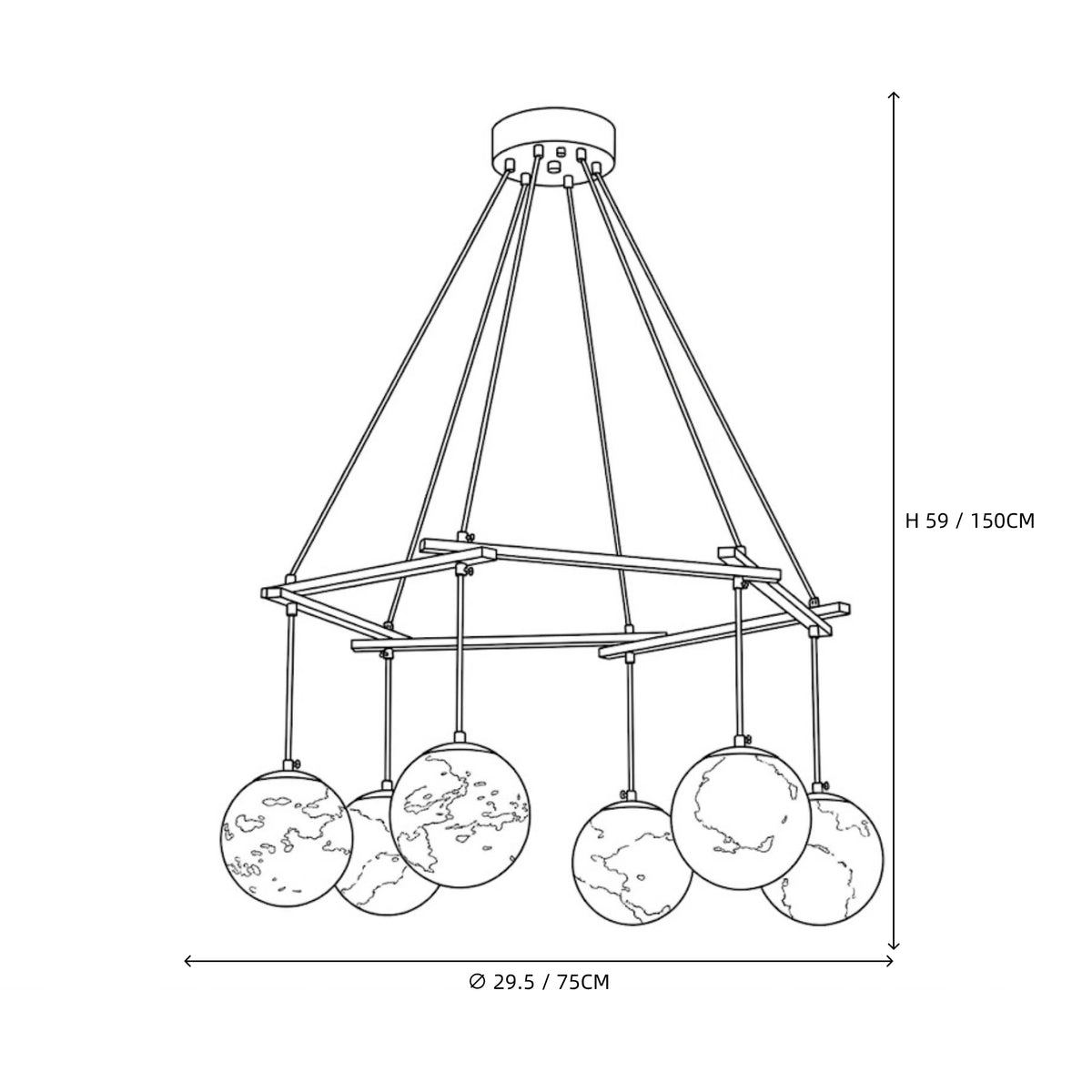 Modern Brass Ring and Multi-Sphere Chandelier Line Art Dimension Diagram Version Two
