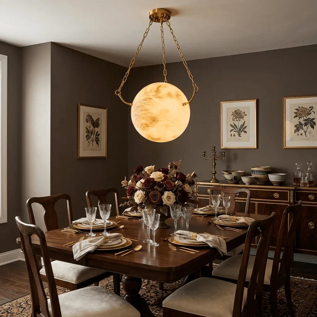 Modern Brass Chain Pendant Light in Elegant Dining Room Interior