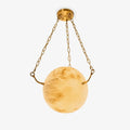 Illuminated Modern Brass Chain Alabaster Sphere Pendant Light Studio Shot on White Background