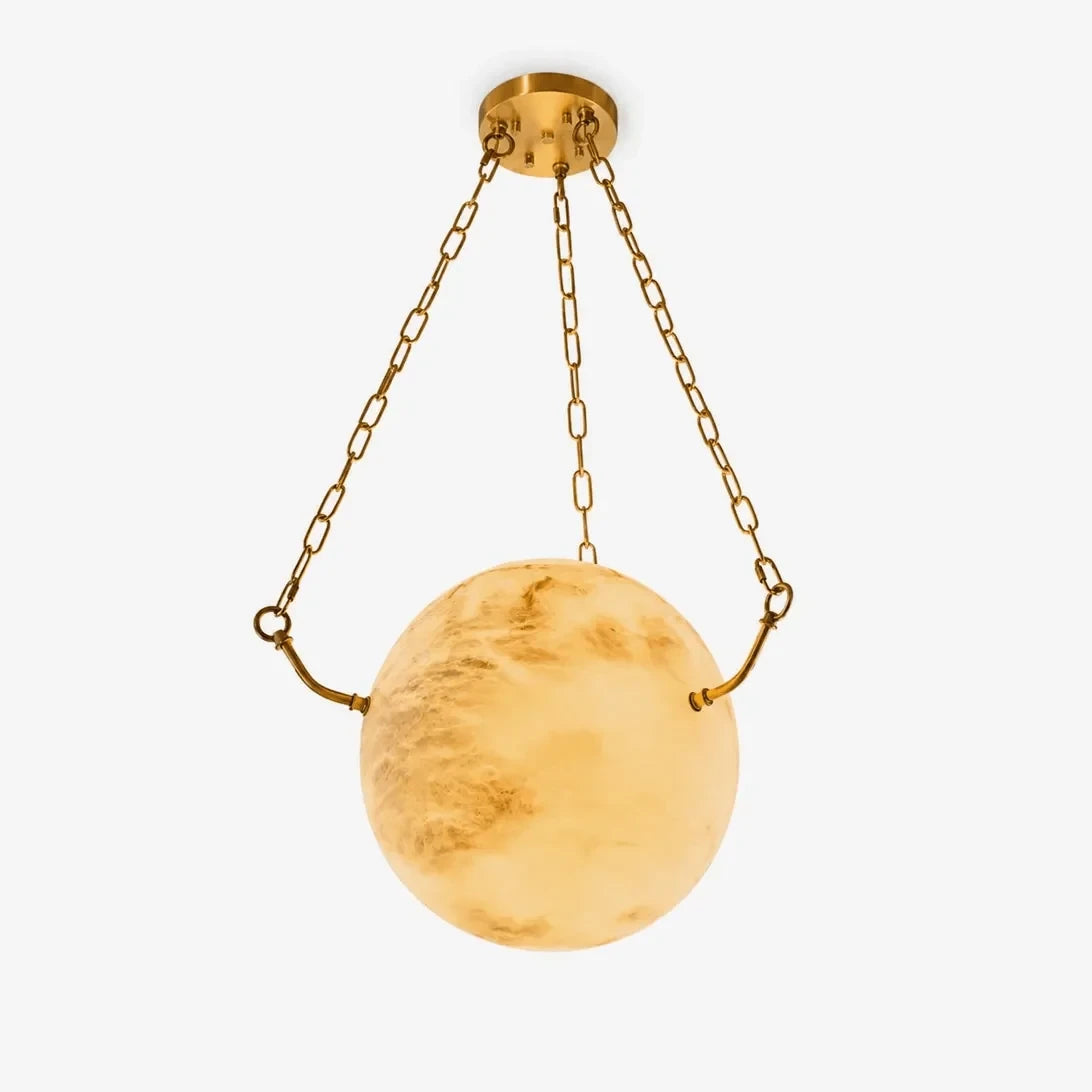 Illuminated Modern Brass Chain Alabaster Sphere Pendant Light Studio Shot on White Background