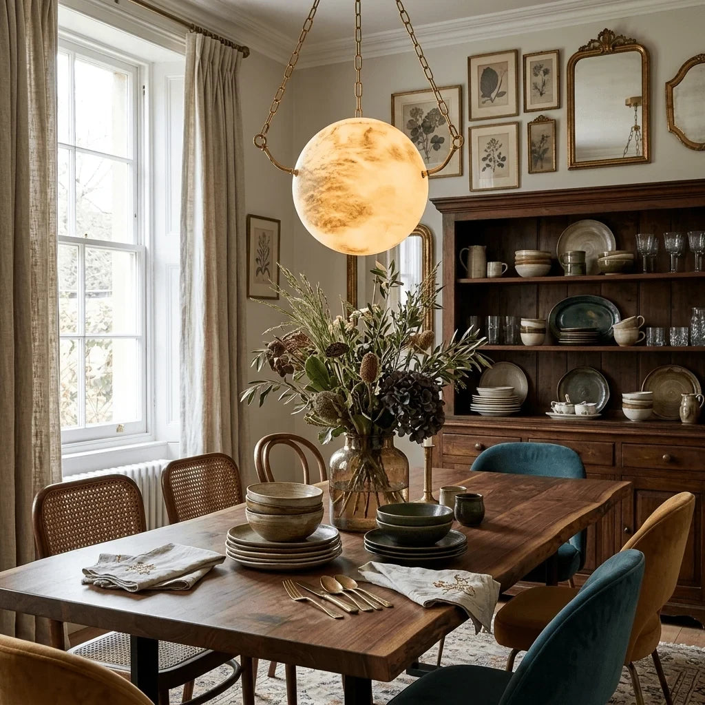 Modern Alabaster Sphere Pendant Light in Designer Dining Space