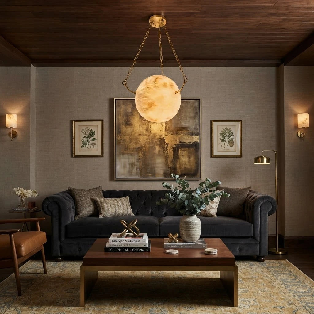 Modern Brass Chain Pendant Light in Luxury Living Room Decor