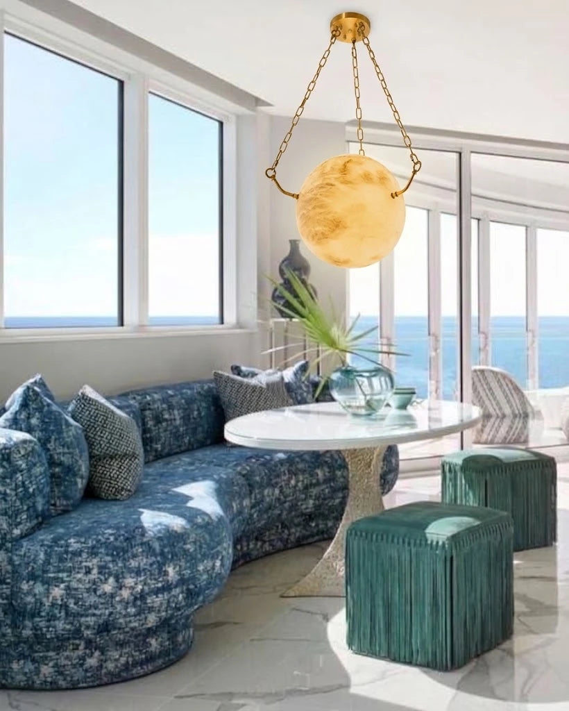 Modern Alabaster Sphere Pendant Light in Coastal Living Room Setting