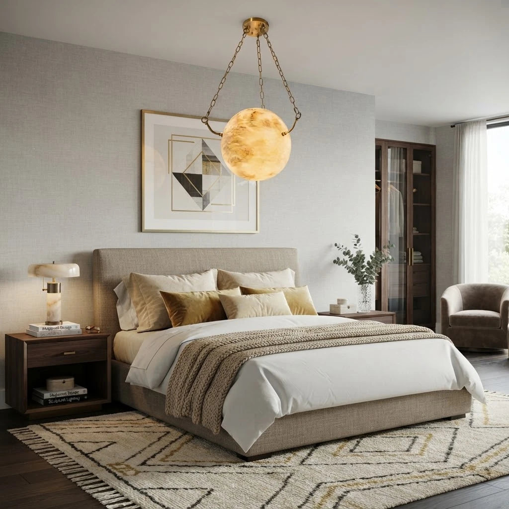 Modern Brass Chain Pendant Light in Cozy Master Bedroom Suite