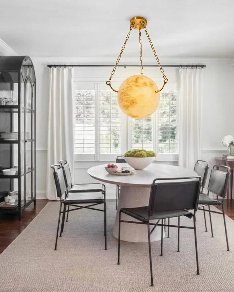 Modern Alabaster Sphere Pendant Light in Minimalist Dining Area