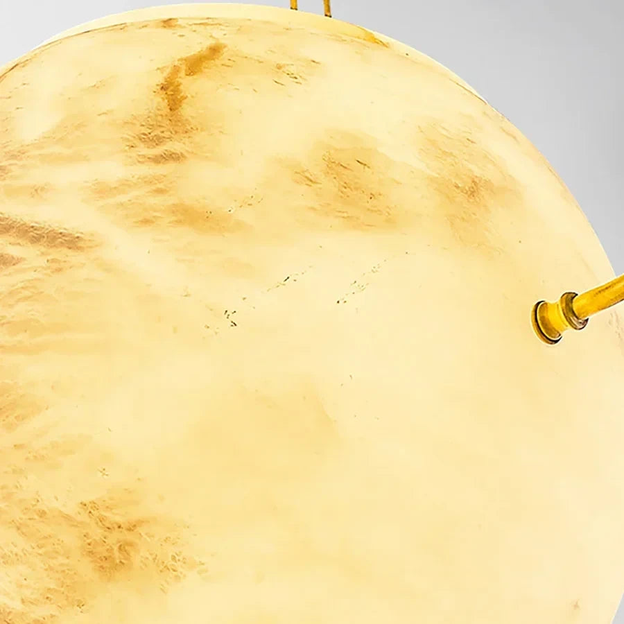 Close Up View of Alabaster Sphere Natural Vein Texture and Warm Glow Details