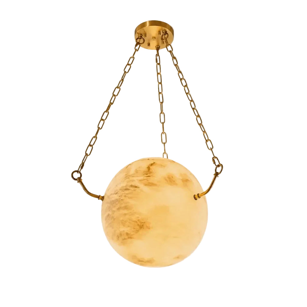 Modern Brass Chain and Alabaster Sphere Pendant Light with Warm Light on Pure White Background