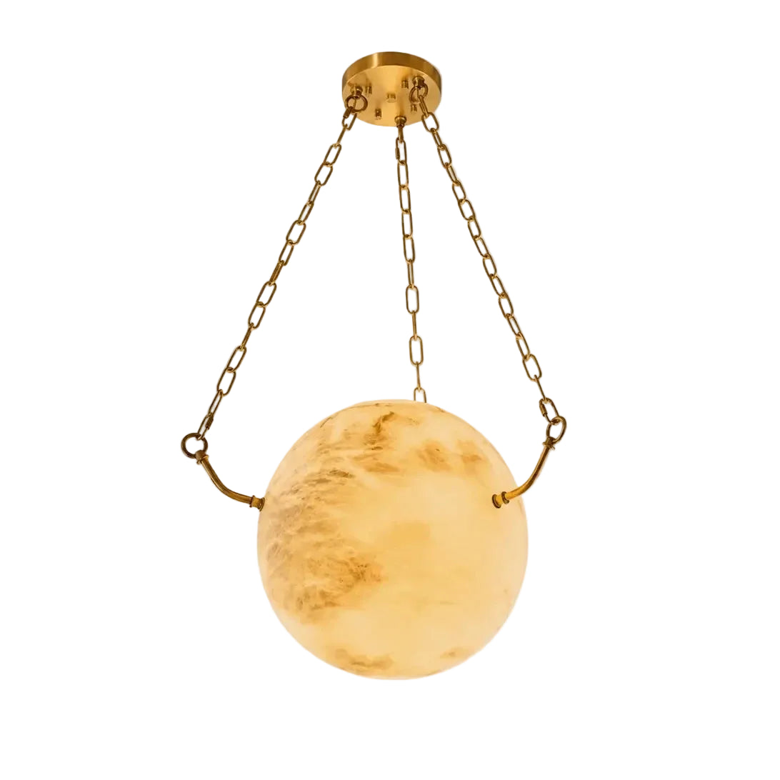Modern Brass Chain and Alabaster Sphere Pendant Light with Warm Light on Pure White Background