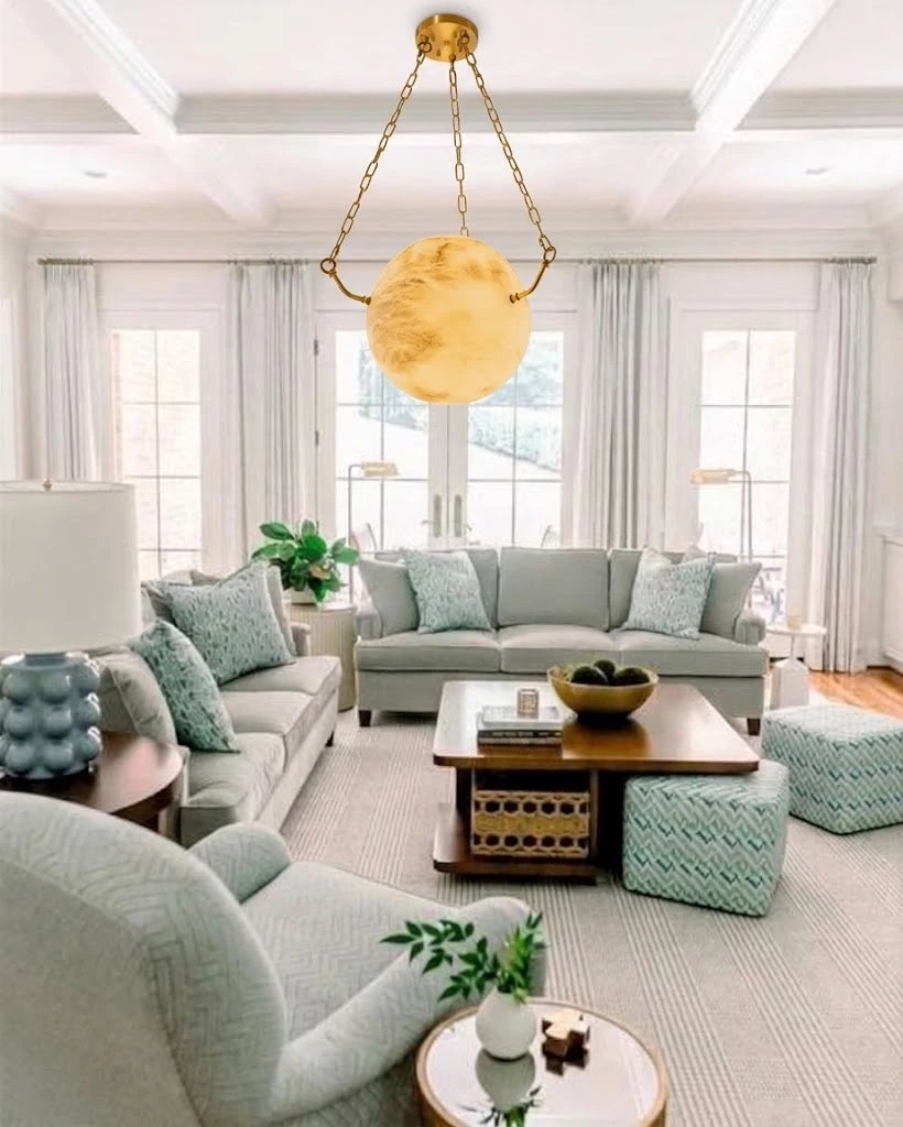 Modern Alabaster Sphere Pendant Light in Bright Contemporary Living Room Setting