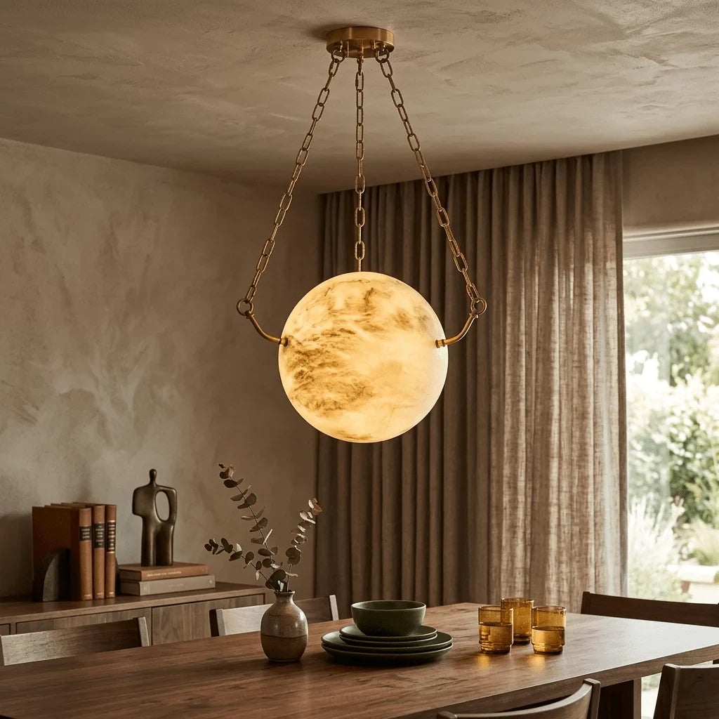 Modern Brass Chain Pendant Light in Cozy Dining Space