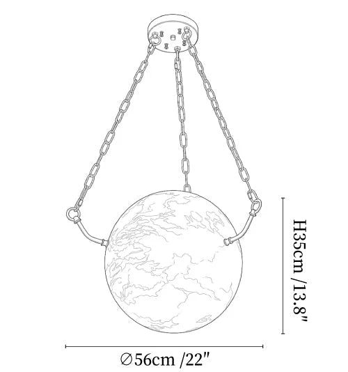 Modern Brass Chain and Alabaster Sphere Pendant Light Line Art Dimension Diagram Version Two